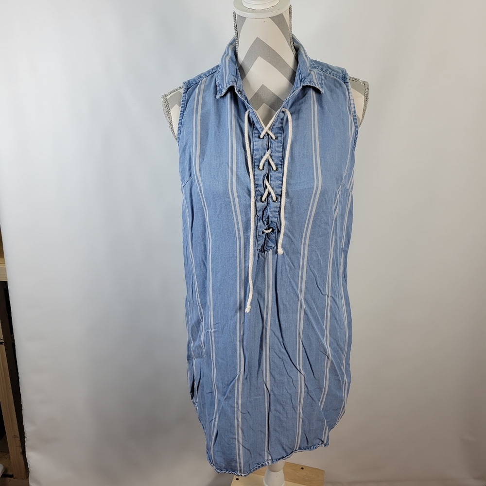BeachLunchLounge Blue Sleeveless Striped Shift Dress Lace up Neck Size Small